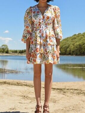 Jessie Zhao Floral Tiered Mini Dress in White with Multicolor Print